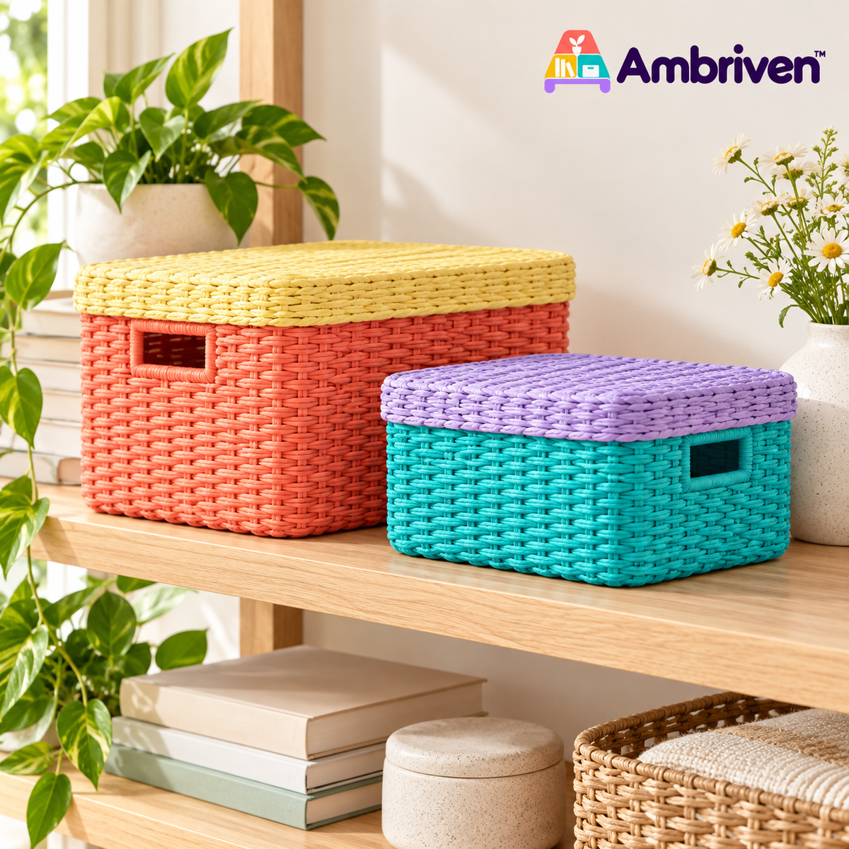 Colorful Woven Storage Baskets with Lids – Set of 2