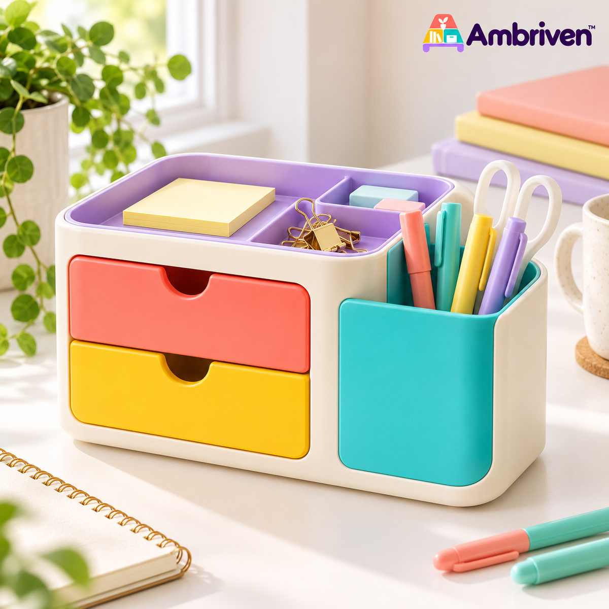 Colorful 2-Drawer Desktop Organizer with Pen Holder