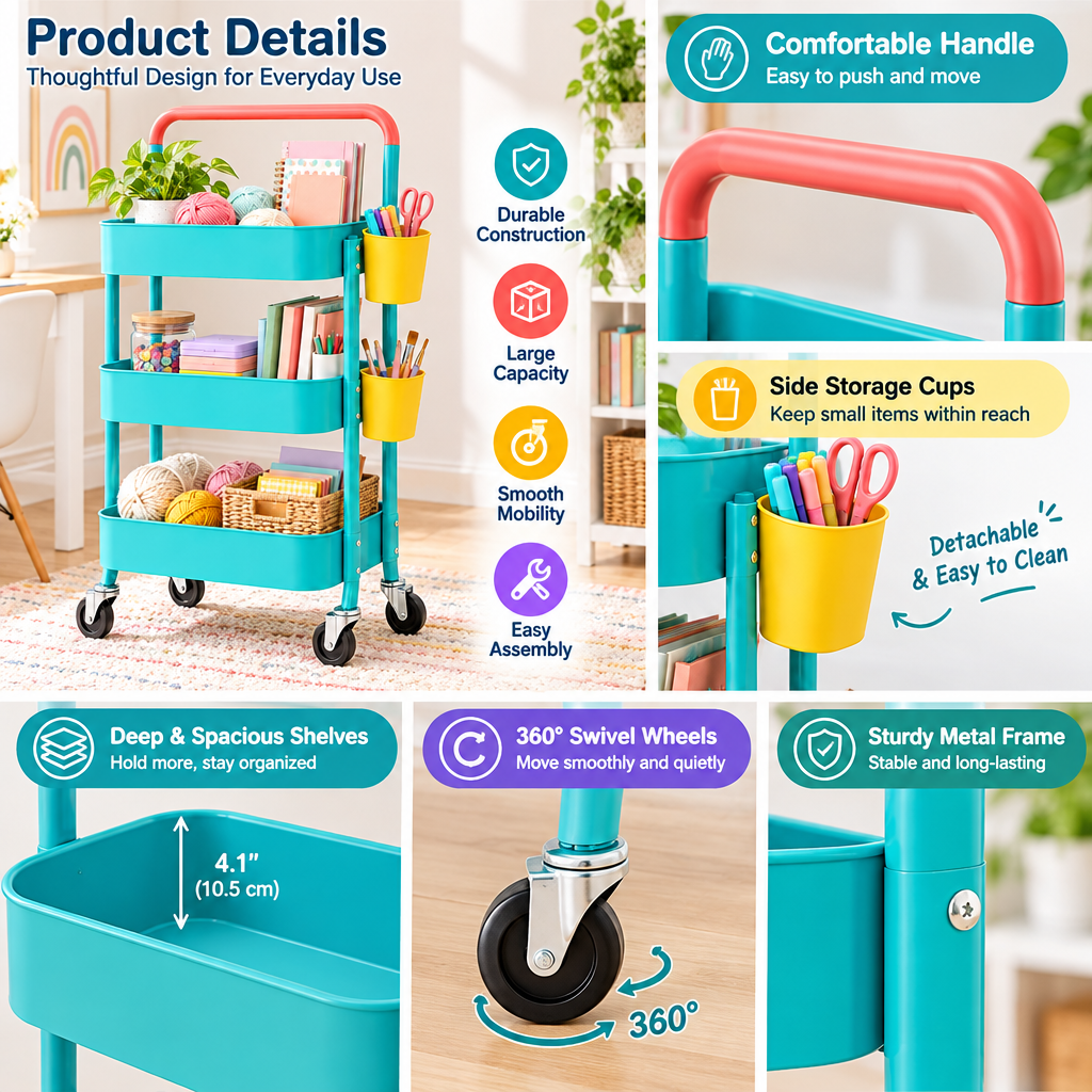 Ambriven™ 3-Tier Utility Cart with Side Cups