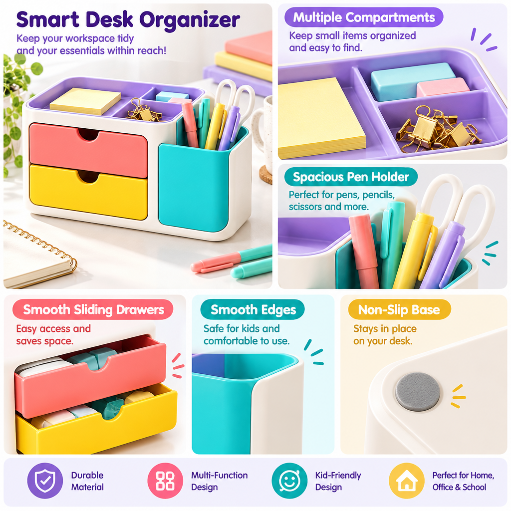 Colorful 2-Drawer Desktop Organizer with Pen Holder