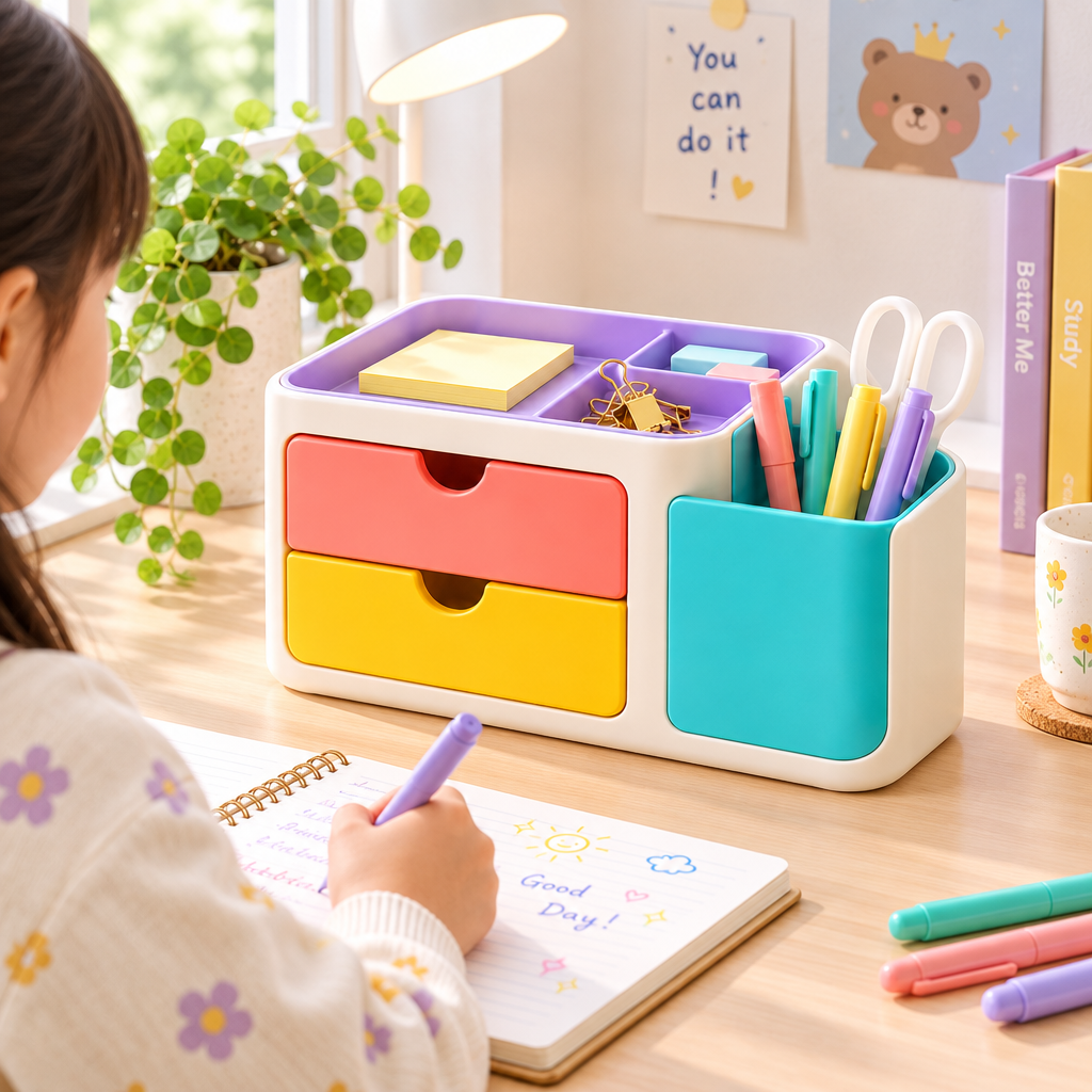 Colorful 2-Drawer Desktop Organizer with Pen Holder