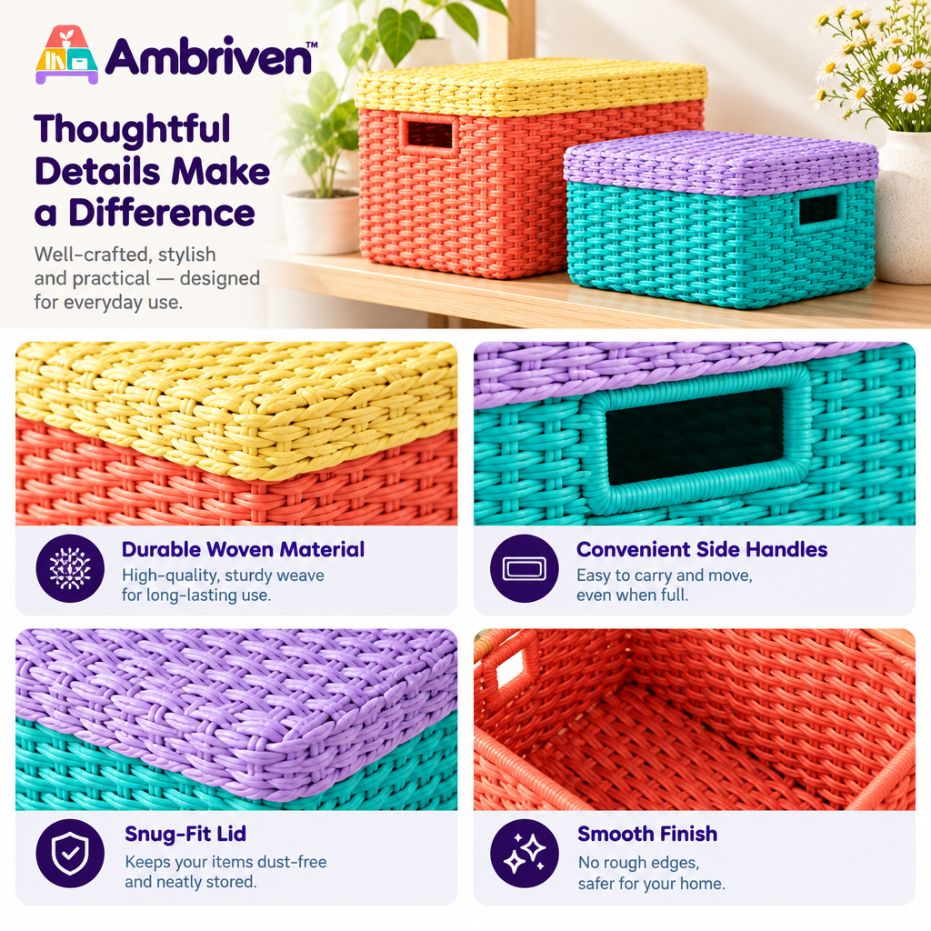 Colorful Woven Storage Baskets with Lids – Set of 2